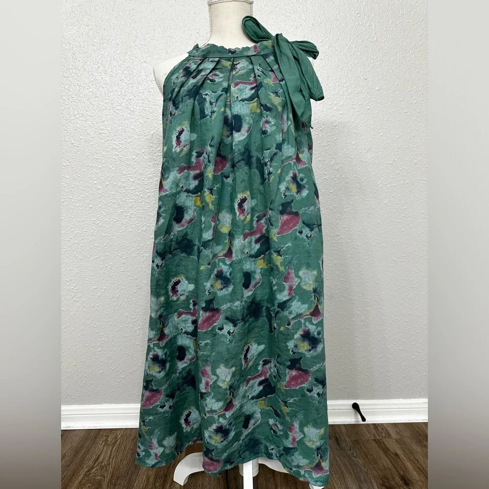 Bellambra Pure Linen Dress Made In Italy Halter Green Floral Pullover Tie Size L - Picture 2 of 10